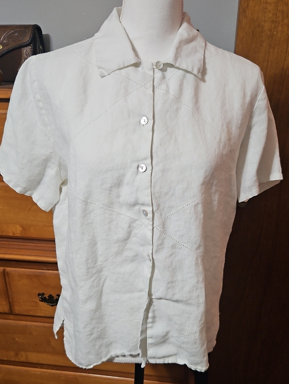 Women's Irishlinen White Short-Sleeve Button Down Linen Shirt